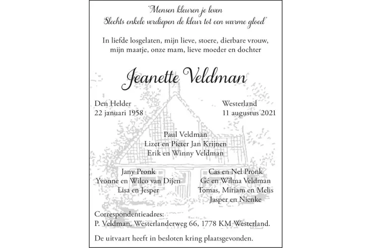 Overlijdensberichten: Jeanette Veldman