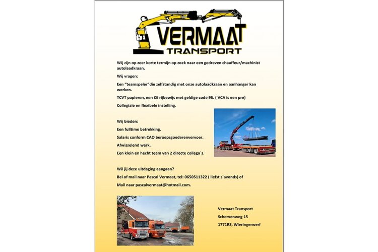 Vacature: Chauffeur/machinist autolaadkraan bij Vermaat Transport
