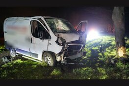 Bestelbus zwaar beschadigd na botsing tegen boom, bestuurder gevlogen